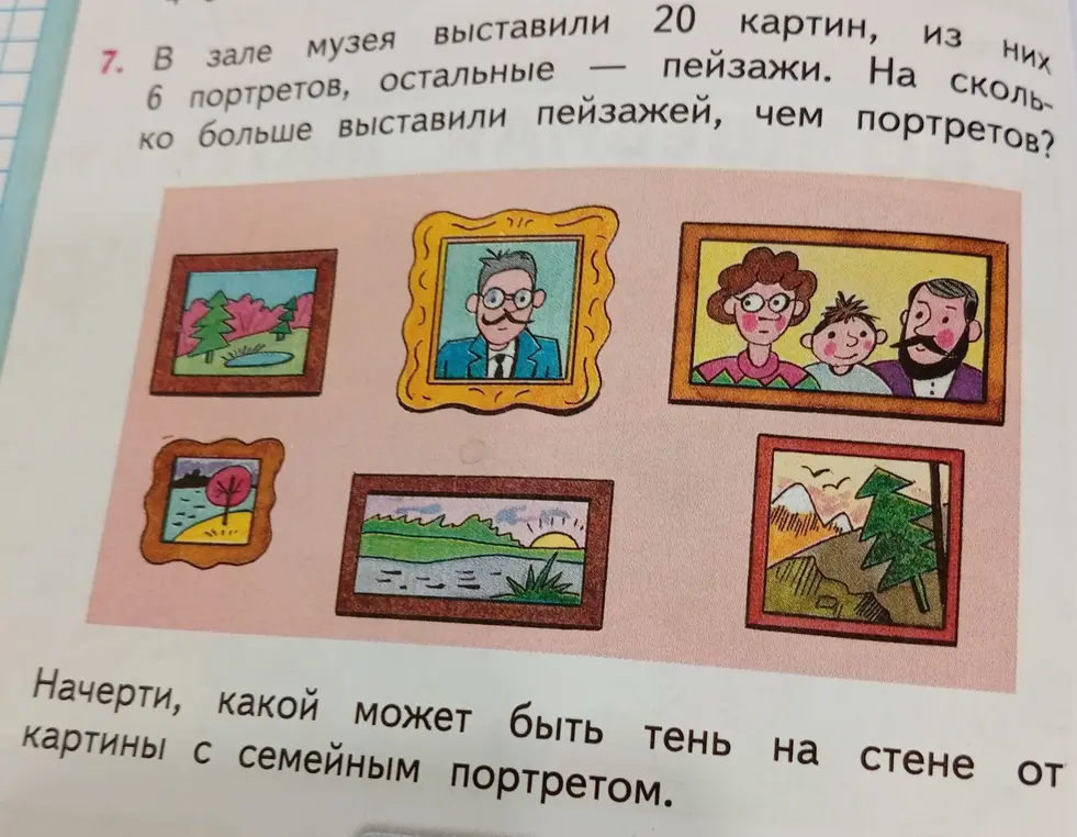Вычисли, на сколько больше выставили пейзажей, чем портретов. Начерти, какой может быть тень на стене от картины с семейным портретом.