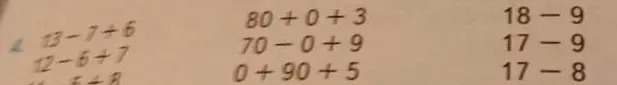 Реши примеры: 13-7-6, 12-6-7, 80+0+3, 70-0+9, 0+90+5, 18-9, 17-9, 17-8