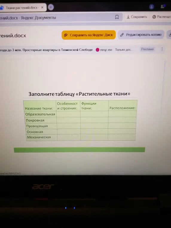 Заполни таблицу «Растительные ткани»