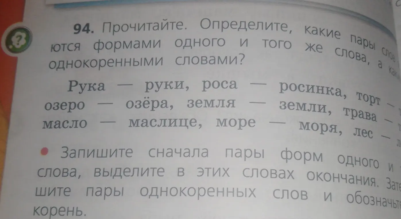 Прочитай текст, определи пары слов, которые являются формами одного и того же слова, а какие однокоренными словами?