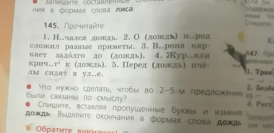Прочитай текст, вставь пропущенные буквы и выдели окончания в формах слова дождь.
