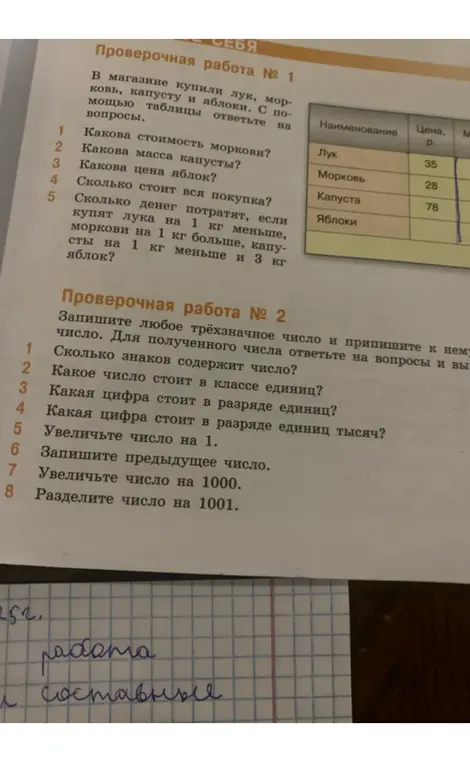 Ответь на вопросы проверочной работы № 1 и № 2 по математике.