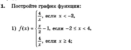 Построй график функции f(x) = {4/x, если x < -2; x/2 - 1, если -2 ≤ x < 4; 4/x, если x ≥ 4}