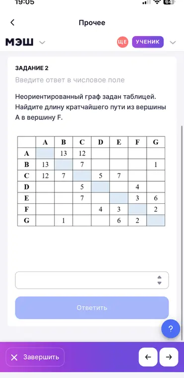 Найди длину кратчайшего пути из вершины А в вершину F.