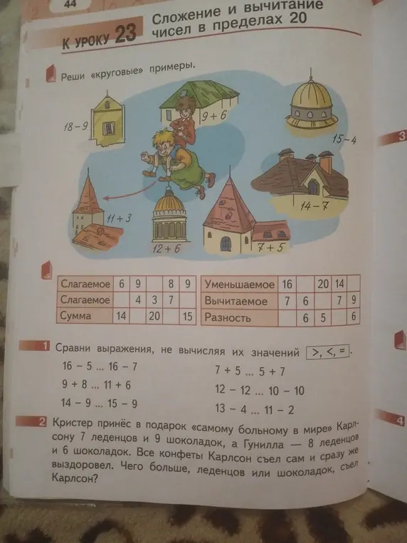 Сравни выражения, не вычисляя их значений >, <, =. Реши задачу про Карлсона: чего больше, леденцов или шоколадок, съел Карлсон?