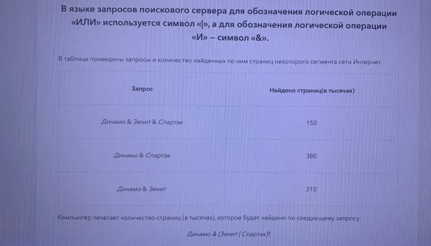 Вычисли количество страниц, которое будет найдено по запросу: Динамо & (Зенит | Спартак)?