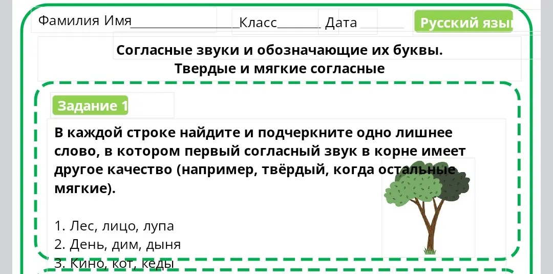 В каждой строке найди и подчеркни одно лишнее слово, в котором первый согласный звук в корне имеет другое качество (например, твёрдый, когда остальные мягкие).