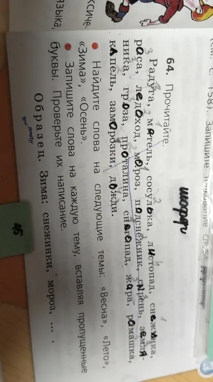 Найди слова на темы: «Весна», «Лето», «Зима», «Осень»