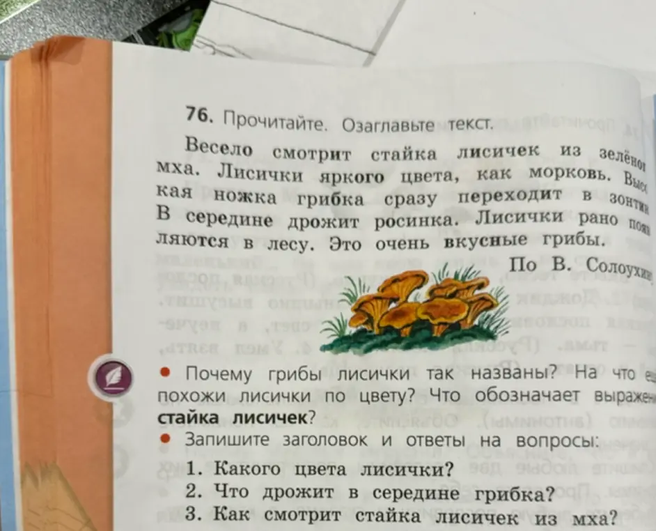 Ответь на вопросы: Какого цвета лисички? Что дрожит в середине грибка? Как смотрит стайка лисичек из мха?