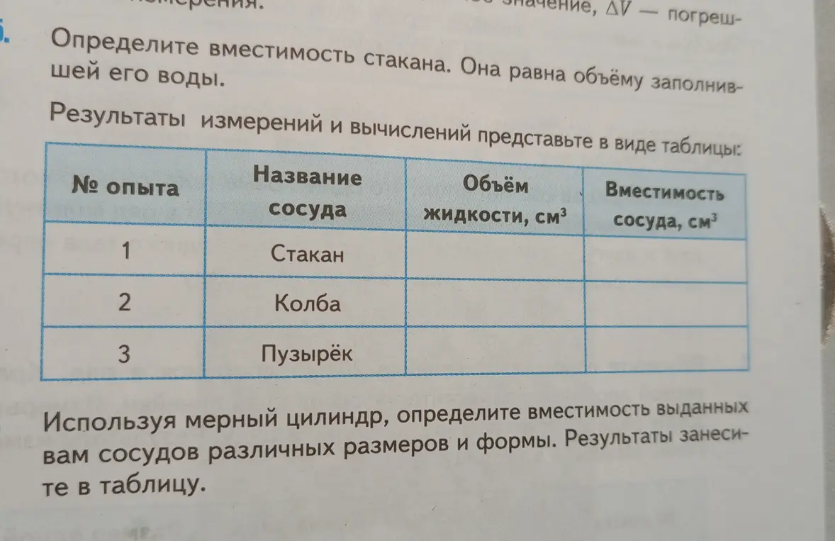 Определи вместимость стакана, она равна объёму заполнившей его воды. Результаты измерений и вычислений представь в виде таблицы.