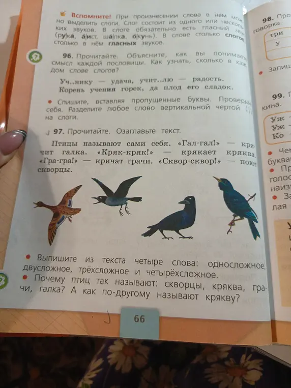 Выпиши из текста четыре слова: односложное, двусложное, трёхсложное и четырёхсложное. Почему птиц так называют: скворцы, кряква, грачи, галка? А как по-другому называют крякву?