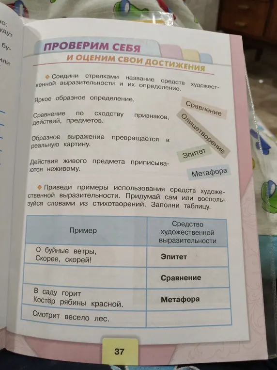 Соедини стрелками название средств художественной выразительности и их определение, заполни таблицу.