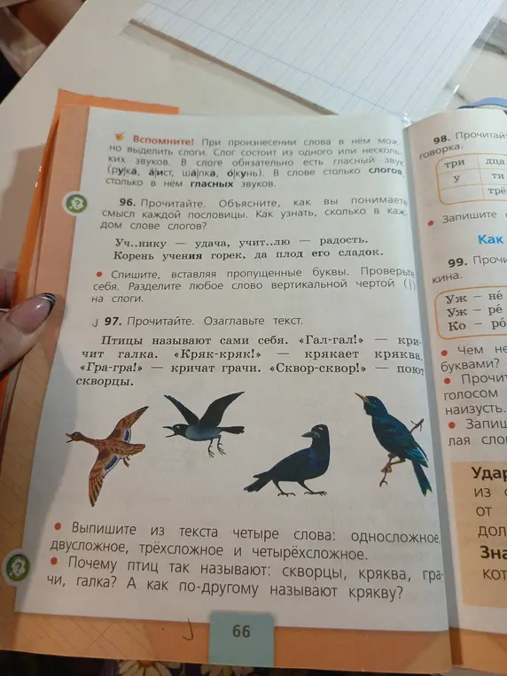 Выпиши из текста четыре слова: односложное, двусложное, трёхсложное и четырёхсложное. Почему птиц так называют: скворцы, кряква, грачи, галка? А как по-другому называют крякву?