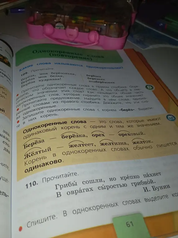 Прочитай и выполни задания 109 и 110 про однокоренные слова.
