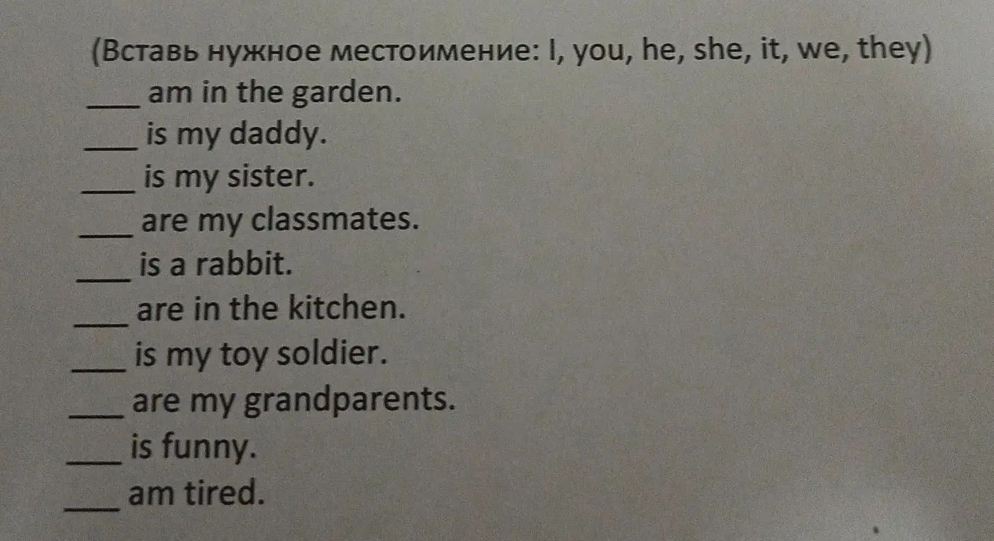 Вставь нужное местоимение: I, you, he, she, it, we, they.