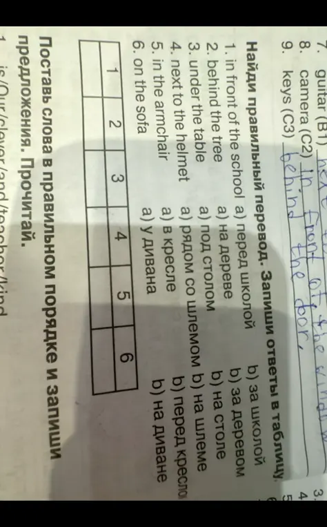 Найди правильный перевод и запиши ответы в таблицу.