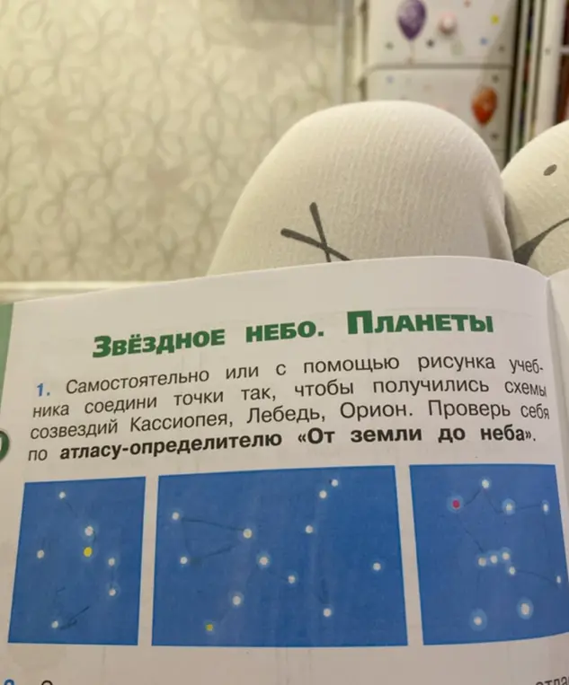 Соедини точки так, чтобы получились схемы созвездий Кассиопея, Лебедь, Орион.