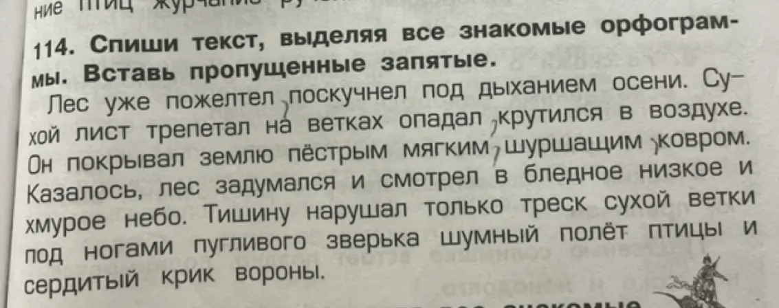 Спиши текст, выделяя все знакомые орфограммы. Вставь пропущенные запятые.