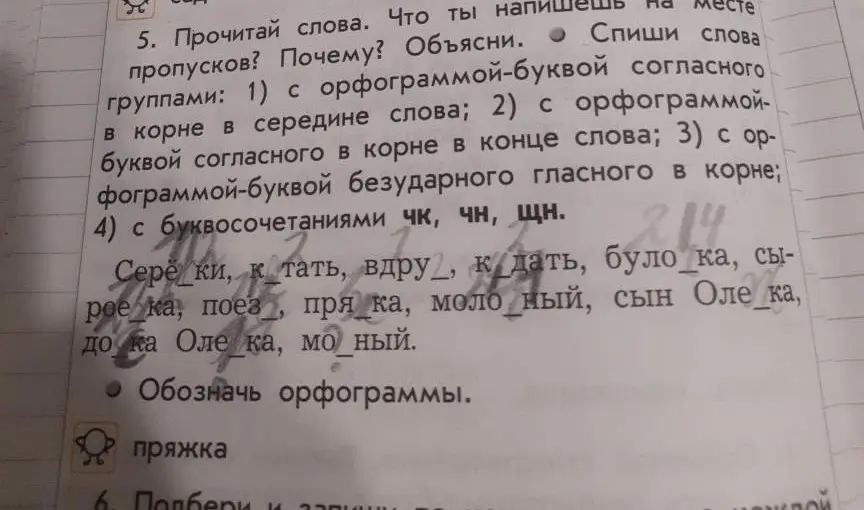 Прочитай слова и спиши их по группам: с орфограммой согласного в середине слова, с орфограммой согласного в конце слова, с орфограммой безударной гласной в корне, с буквосочетаниями чк, чн, щн.