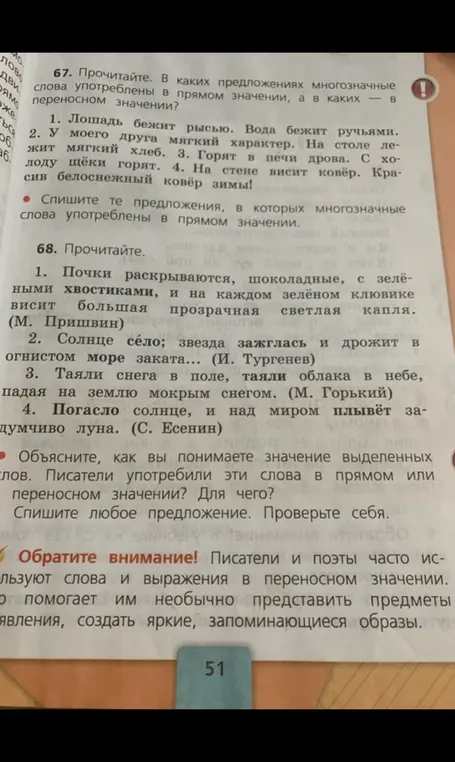 Определи, в каких предложениях многозначные слова употреблены в прямом значении, а в каких – в переносном. Спиши любое предложение.