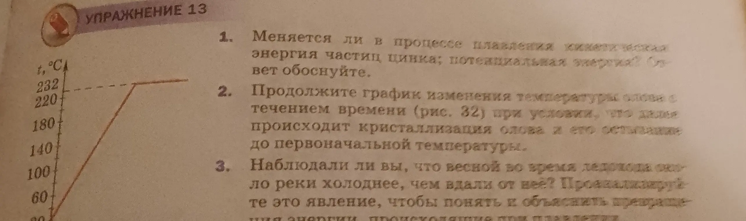Ответь на вопросы: 1. Меняется ли в процессе плавления кинетическая энергия частиц цинка; потенциальная энергия? 2. Продолжи график изменения температуры слова с течением времени при условии, что далее происходит кристаллизация олова и его остывание до первоначальной температуры. 3. Наблюдал ли ты, что весной во время ледохода около реки холоднее, чем вдали от нее?