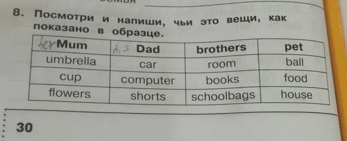 Посмотри и напиши, чьи это вещи, как показано в образце.