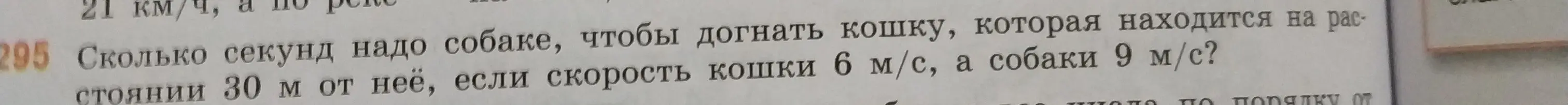 Вычисли, сколько секунд надо собаке, чтобы догнать кошку, которая находится на расстоянии 30 м от неё, если скорость кошки 6 м/с, а собаки 9 м/с?