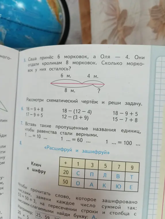 Реши задачу про морковки, примеры и расшифруй слова.