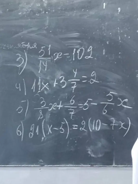Реши уравнения: 3) 51/14x=102, 4) 11x+3 4/7=2, 5) 3/8x+6/7=5-5/6x, 6) 21(x-5)=2(10-7x), 1) 5/14x=-20, 2) 9x-4/7=2, 3) 9x=279 4/7, 7) 15/34x=210