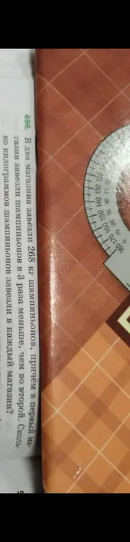 Реши задачу: В два магазина завезли 268 кг шампиньонов, причём в первый магазин завезли шампиньонов в 3 раза меньше, чем во второй. Сколько килограммов шампиньонов завезли в каждый магазин?