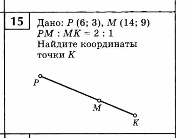 Найди координаты точки K, если даны точки P(6; 3), M(14; 9) и PM:MK = 2:1