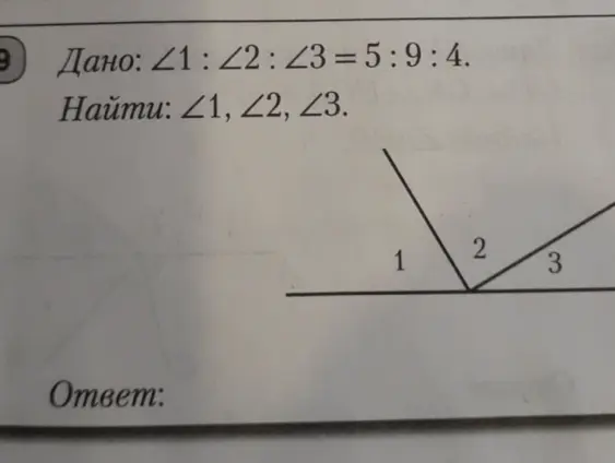 Найди градусные меры углов ∠1, ∠2 и ∠3, если ∠1:∠2:∠3 = 5:9:4.