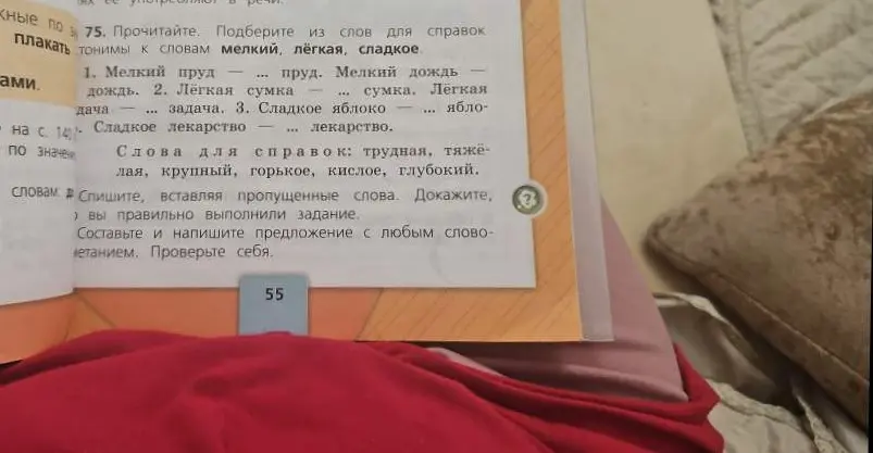 Подбери из слов для справок антонимы к словам мелкий, лёгкая, сладкое.