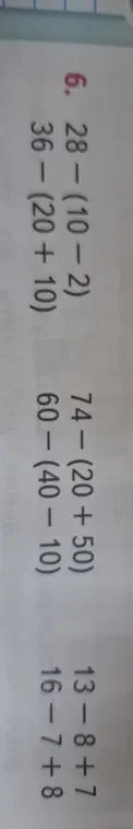 Реши примеры: 28- (10-2), 36- (20+10), 74-(20+50), 60- (40-10), 13-8+7, 16-7+8