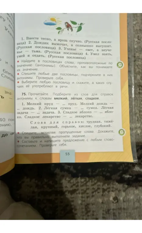 Прочитай и подбери из слов для справок антонимы к словам мелкий, лёгкая, сладкое.