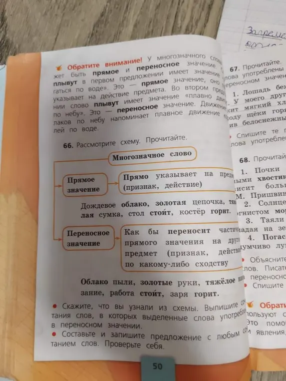 Скажи, что ты узнал из схемы. Выпиши словосочетания слов, в которых выделенные слова употреблены в переносном значении. Составь и запиши предложение с любым сочетанием слов.