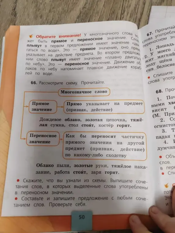 Скажи, что ты узнал из схемы. Выпиши сочетания слов, в которых выделенные слова употреблены в переносном значении. Составь и запиши предложение с любым сочетанием слов.
