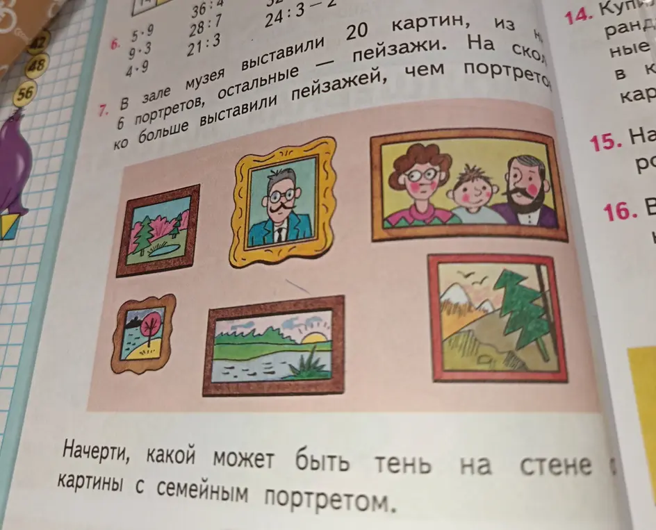 Начерти, какой может быть тень на стене картины с семейным портретом.