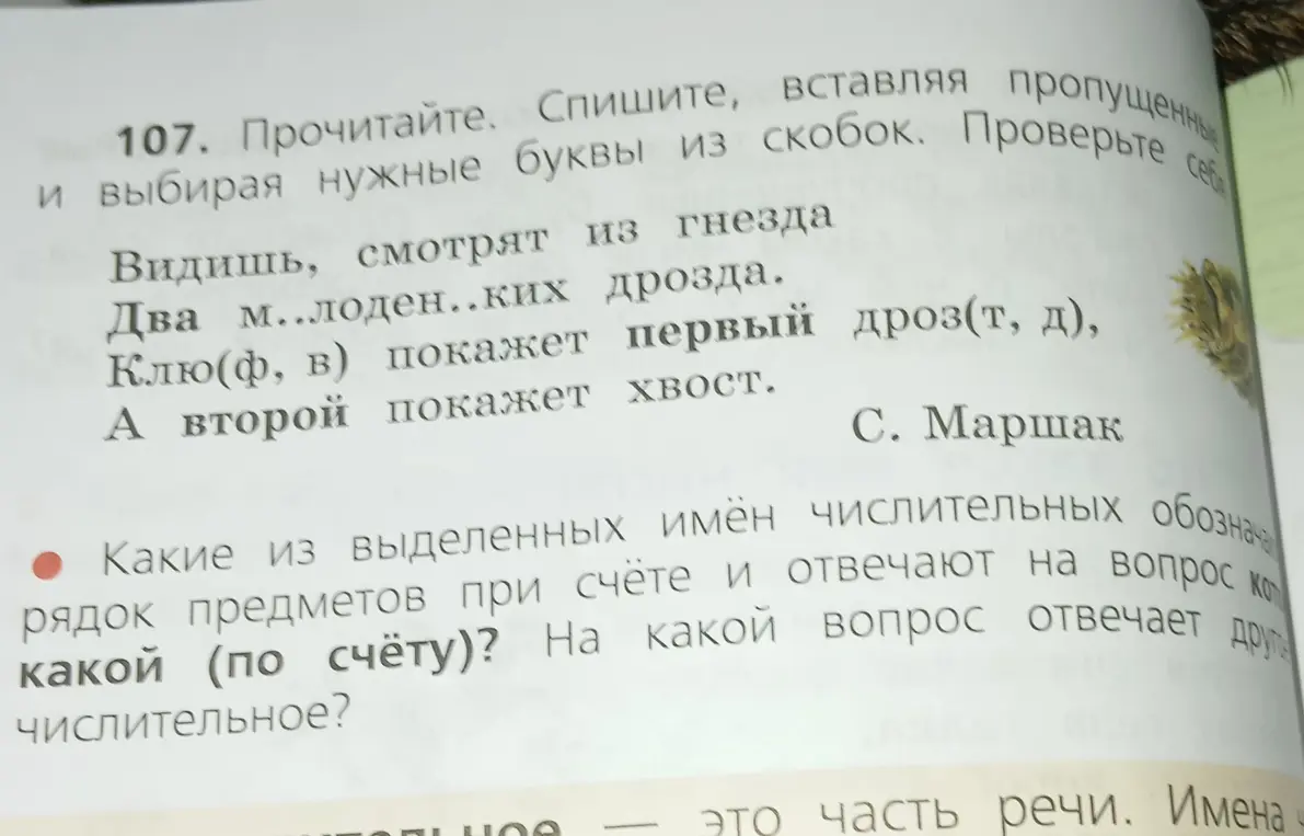 Вставь пропущенные буквы и ответь на вопросы про числительные в упражнении 107