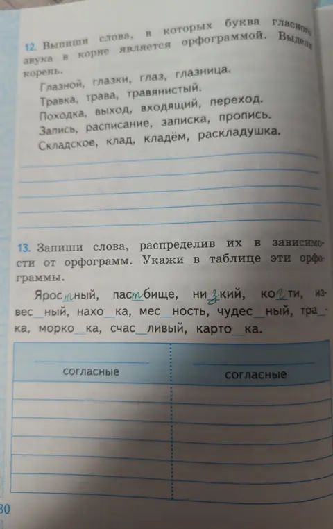 Запиши слова, распределив их в зависимости от орфограмм. Укажи в таблице эти орфограммы.