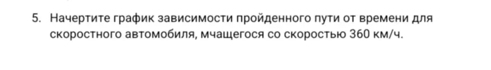 Начерти график зависимости пройденного пути от времени для скоростного автомобиля, мчащегося со скоростью 360 км/ч.