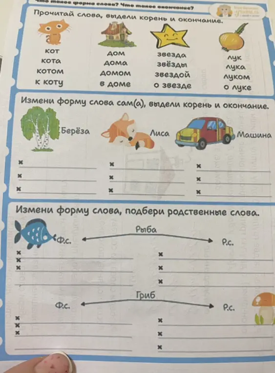 Прочитай слова, выдели корень и окончание. Измени форму слова сам(а), выдели корень и окончание. Измени форму слова, подбери родственные слова.