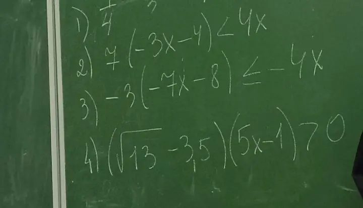 Реши неравенства:
1) 1/4*(-3x-4) < 4x
2) 7*(-3x-4) <= -4x
3) -3*(-7x-8) <= -4x
4) (√13-3,5)*(5x-1) > 0