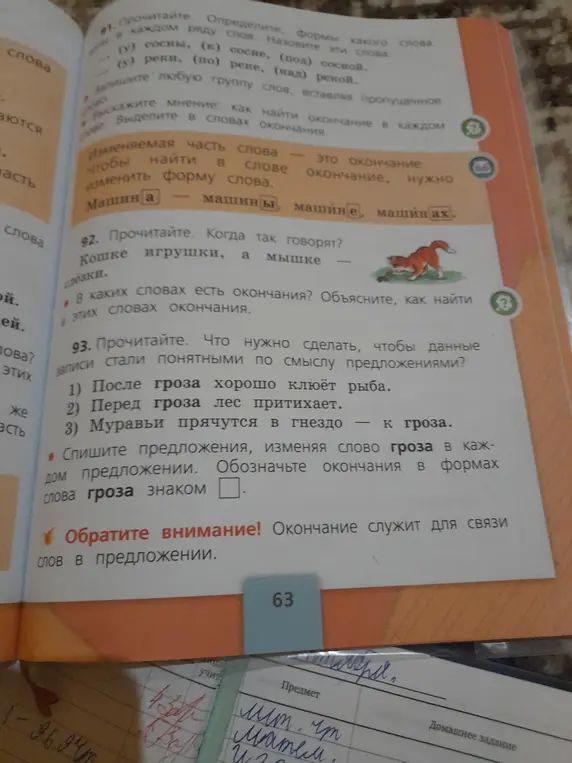 Спиши предложения, изменяя слово гроза в каждом предложении и обозначь окончания в формах слова гроза знаком.