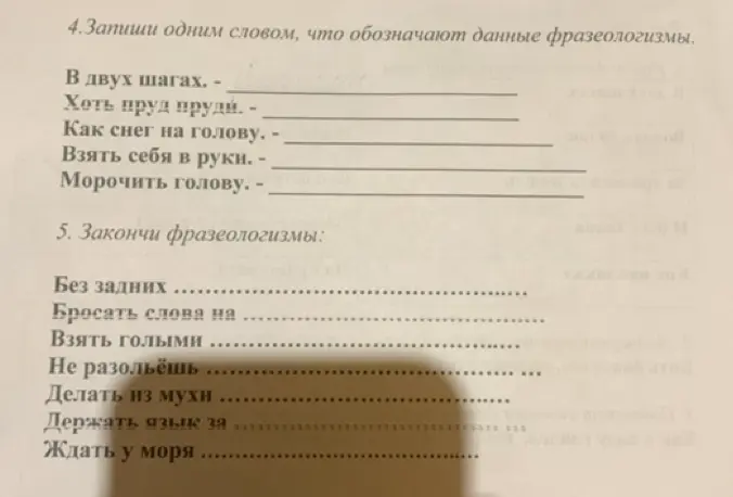 Запиши одним словом, что обозначают данные фразеологизмы и закончи фразеологизмы.