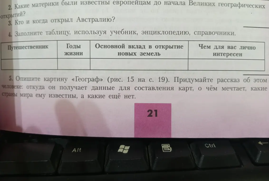 Ответь на вопросы про материки, известных европейцам до начала Великих географических открытий, кто и когда открыл Австралию, заполни таблицу про путешественников и опиши картину «Географ».