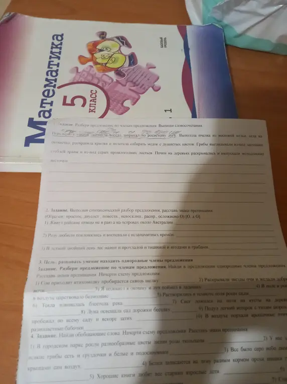 Разбери предложения по членам, найди однородные члены, расставь знаки препинания, начерти схемы предложений и найди обобщающие слова.