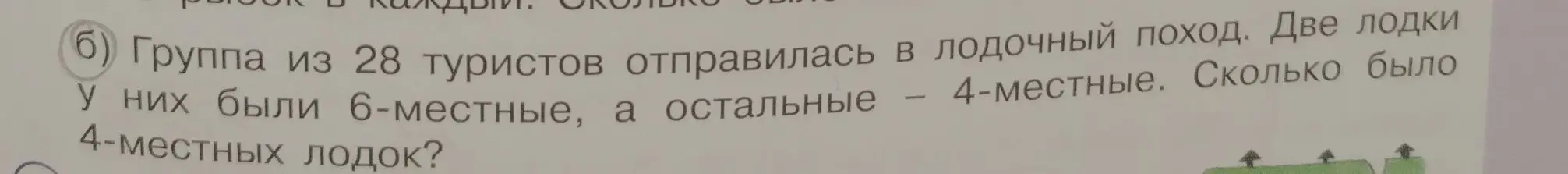 Вычисли количество 4-местных лодок, если группа из 28 туристов отправилась в лодочный поход на двух 6-местных лодках, а остальные — 4-местные.
