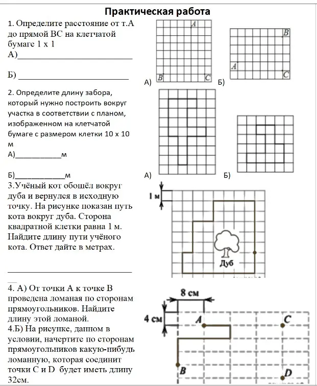 Определи расстояние, длину забора, длину пути кота и длину ломаной.