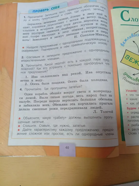 Прочитай и запиши текст, правильно обозначая начало и конец предложений и ставя, где нужно, запятые; найди предложение с однородными подлежащими и сказуемыми; составь и запиши предложение с однородными второстепенными членами; определи, какой недочет есть в каждой паре предложений; в четвертом задании определи, где пропущены запятые, спиши текст, ставя, где нужно, запятые и дай характеристику каждому предложению.
